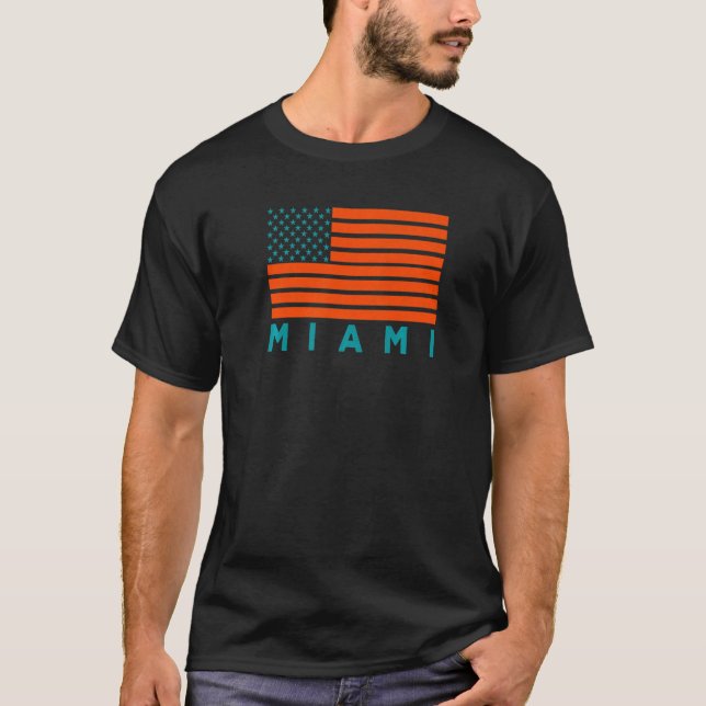 USA Flag Miami OrangeTeal-GreenBlue Miami FL Ameri T-Shirt (Front)