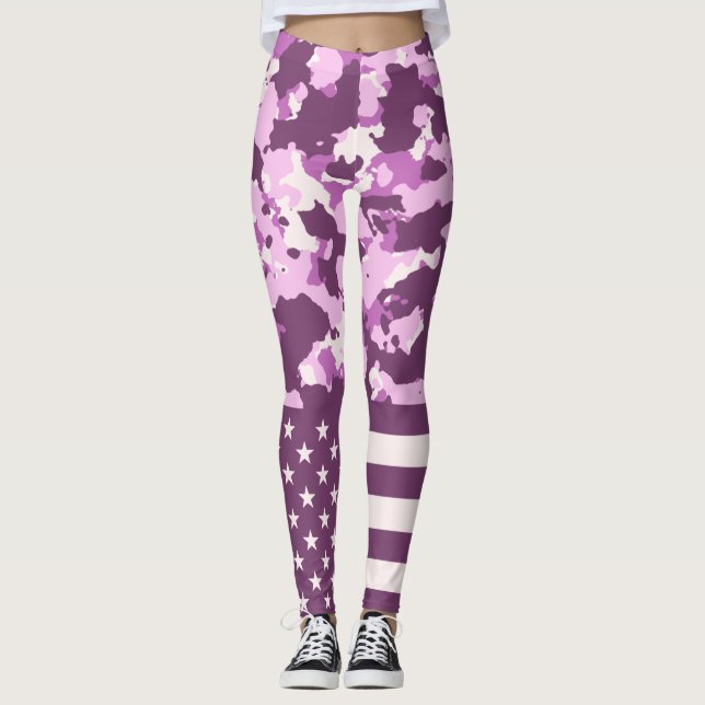 USA Flag Military Pink Camo Leggings (Front)