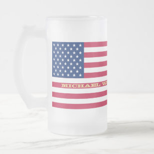 USA Flag Patriotic America Custom Name Monogram Frosted Glass Beer Mug