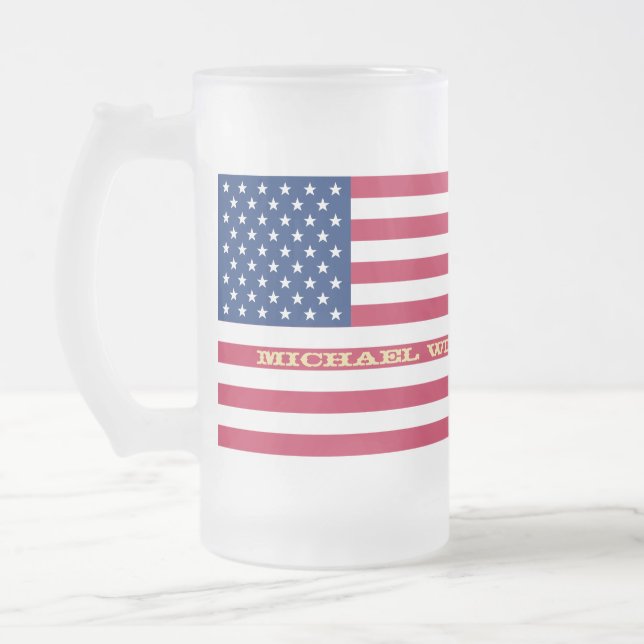 USA Flag Patriotic America Custom Name Monogram Frosted Glass Beer Mug (Left)