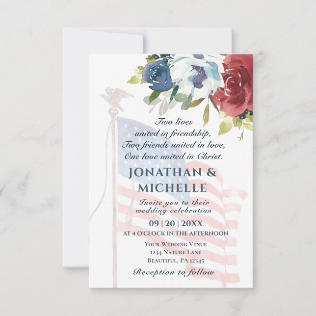 USA Flag Patriotic Floral Christian Wedding Invitation (Front)