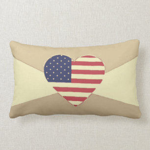 USA Flag Patriotic Heart Vintage Retro Style Cream Lumbar Cushion