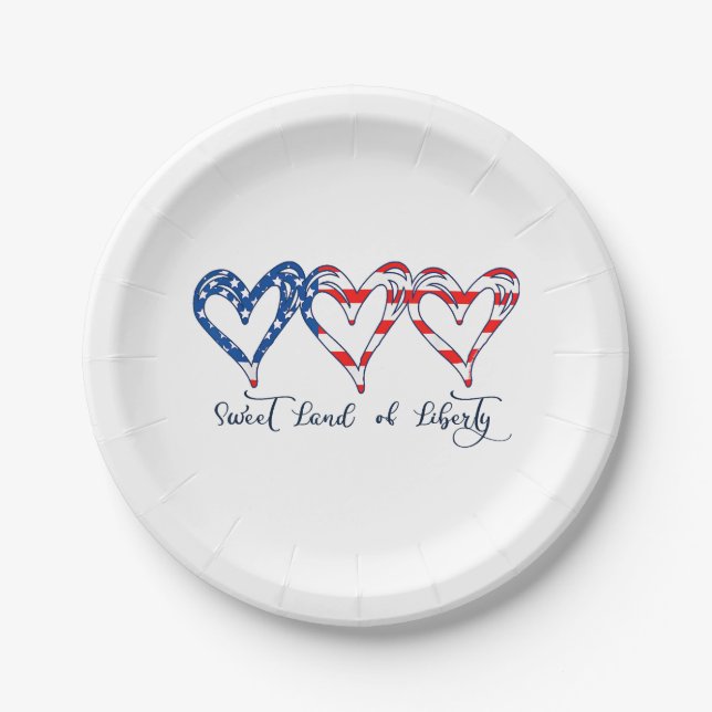 USA Flag Patriotic Hearts 4th of July Sweet Land o Paper Plate (Front)