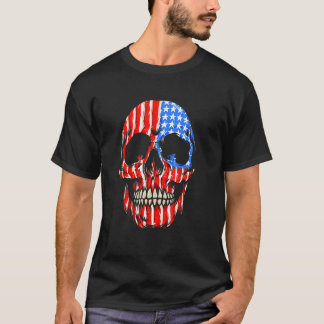 USA Flag Pattern Skeleton Head Creepy Halloween De T-Shirt