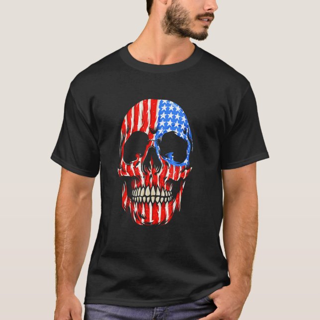 USA Flag Pattern Skeleton Head Creepy Halloween De T-Shirt (Front)