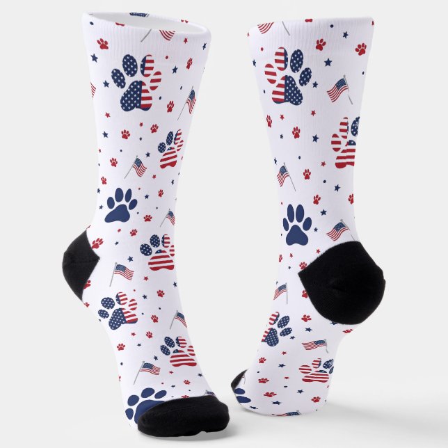 USA Flag Paw Print and Stars Pattern Crew Socks (Angled)