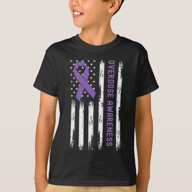 USA Flag Purple Ribbon Overdose Awareness  T-Shirt (Front)