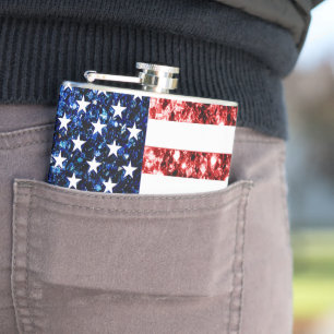 USA flag red and blue sparkles glitters Hip Flask