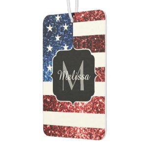 USA flag red and blue sparkles glitters Monogram Car Air Freshener