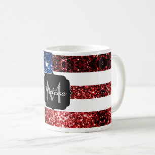 USA flag red and blue sparkles glitters Monogram Coffee Mug