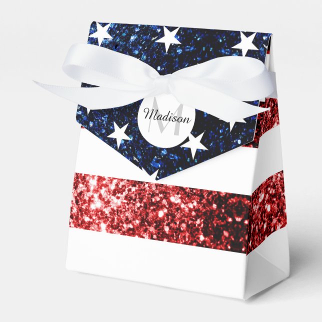 USA flag red and blue sparkles glitters Monogram Favour Box (Front Side)