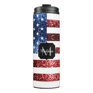 USA flag red and blue sparkles glitters Monogram Thermal Tumbler