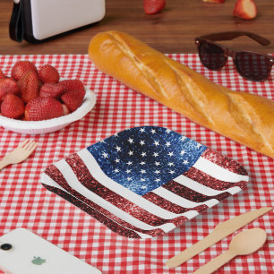 USA flag red and blue sparkles glitters Paper Plate