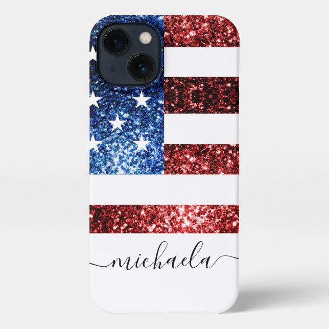 USA flag red blue faux sparkles glitters Monogram iPhone Case (Back)