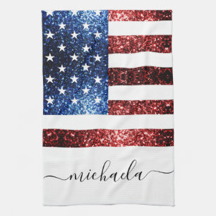 USA flag red blue faux sparkles glitters Monogram Tea Towel