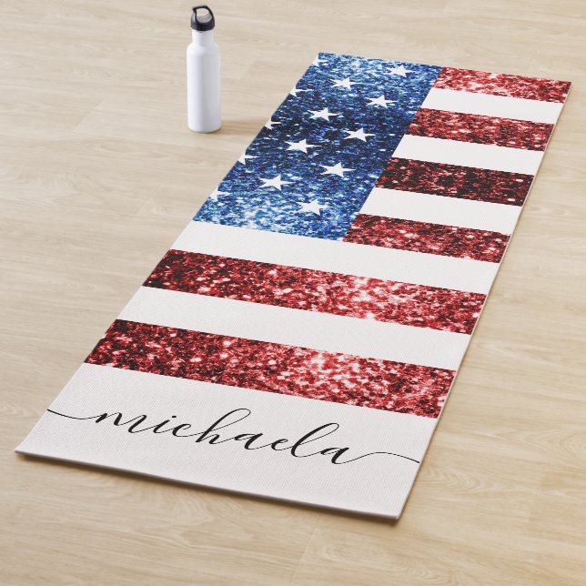 USA flag red blue faux sparkles glitters Monogram Yoga Mat (In Situ)