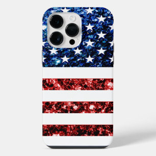USA flag red blue sparkles faux bling iPhone 14 Pro Max Case