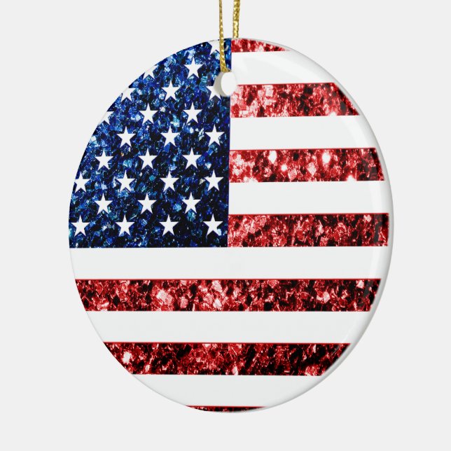USA flag red blue sparkles glitters Ceramic Tree Decoration (Left)