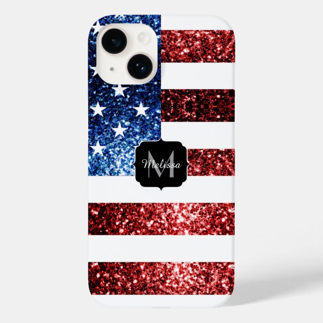 USA flag red blue sparkles glitters Monogram Case-Mate iPhone Case (Back)