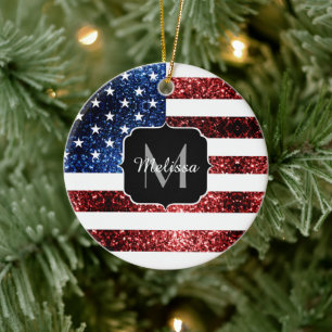 USA flag red blue sparkles glitters Monogram Ceramic Tree Decoration