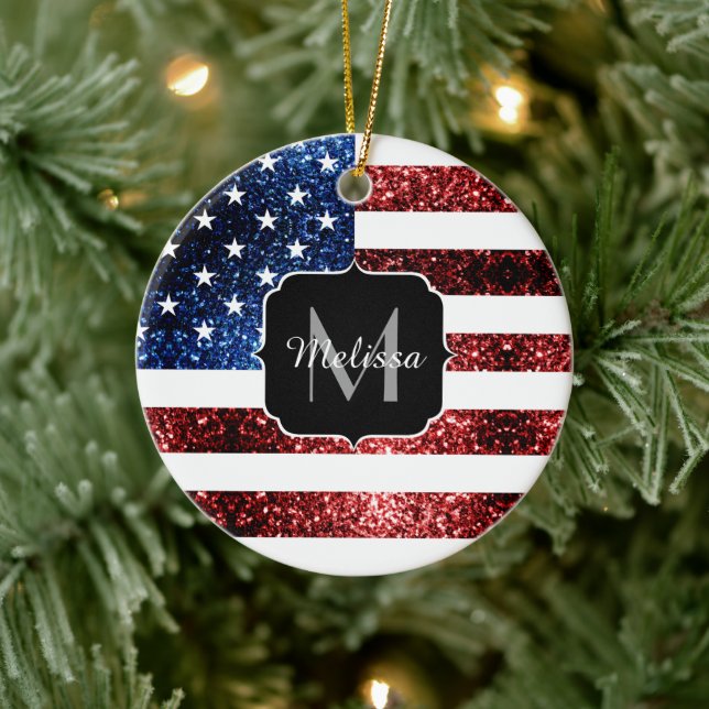 USA flag red blue sparkles glitters Monogram Ceramic Tree Decoration (Tree)