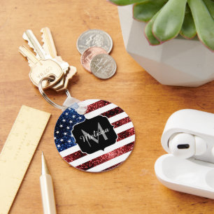 USA flag red blue sparkles glitters Monogram Key Ring