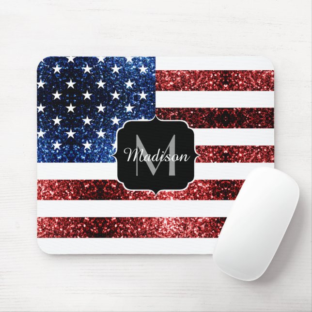 USA flag red blue sparkles glitters Monogram Mouse Mat (With Mouse)