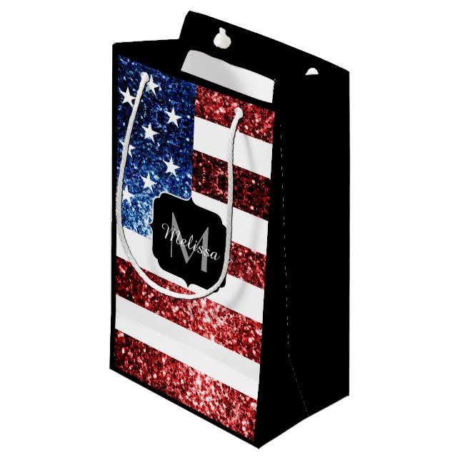 USA flag red blue sparkles glitters Monogram Small Gift Bag (Front Angled)