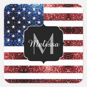 USA flag red blue sparkles glitters Monogram Square Sticker