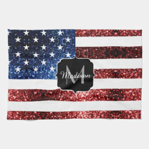 USA flag red blue sparkles glitters Monogram Tea Towel