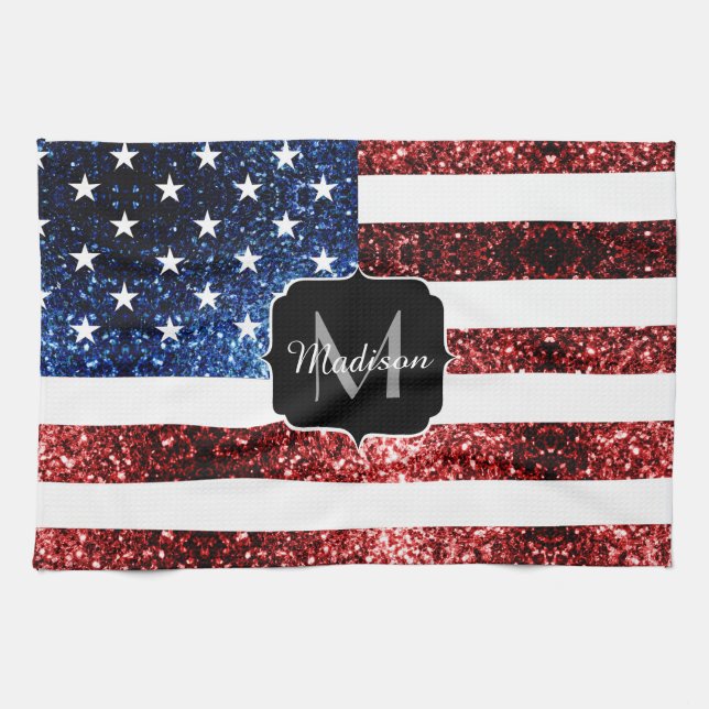 USA flag red blue sparkles glitters Monogram Tea Towel (Horizontal)