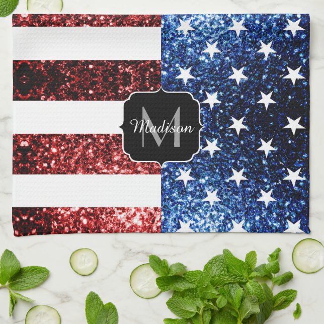 USA flag red blue sparkles glitters Monogram Tea Towel (Folded)