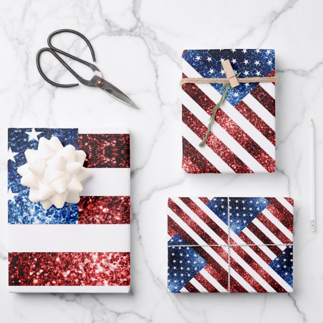 USA flag red blue sparkles glitters pattern Wrapping Paper Sheet (Front)