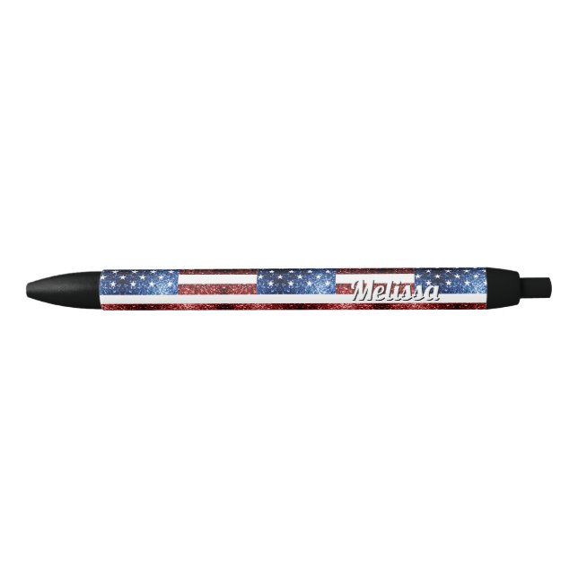 USA flag red blue sparkles glitters Personalise Black Ink Pen (Front)