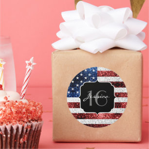 USA flag red blue sparkles glitters Sweet 16 Class Classic Round Sticker