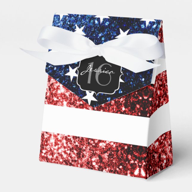 USA flag red blue sparkles glitters Sweet 16 Favour Box (Front Side)
