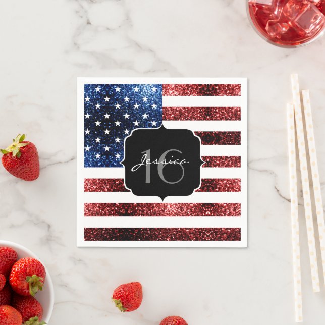 USA flag red blue sparkles glitters Sweet 16 Napkin (Insitu)