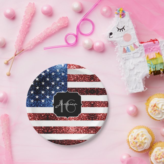 USA flag red blue sparkles glitters Sweet 16 Paper Plate (Party)