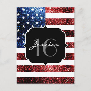 USA flag red blue sparkles glitters Sweet 16 Postcard