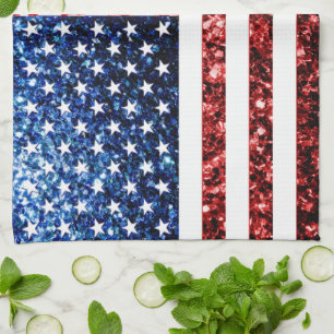 USA flag red blue sparkles glitters Tea Towel
