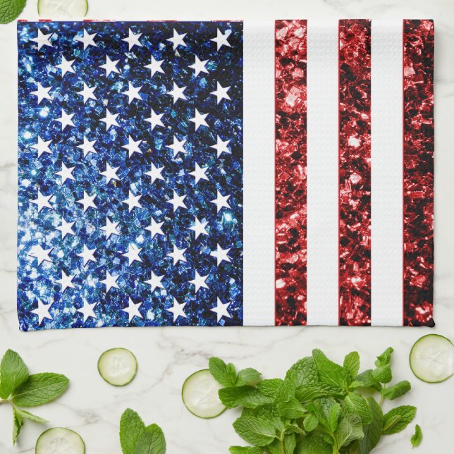 USA flag red blue sparkles glitters Tea Towel (Folded)