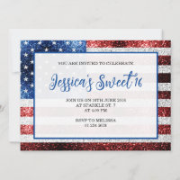 USA flag red blue sparkles Sweet 16 elegant script