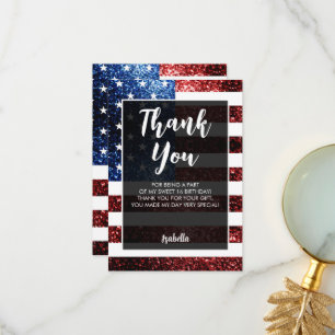 USA flag red blue sparkles Sweet 16 Script Thank You Card