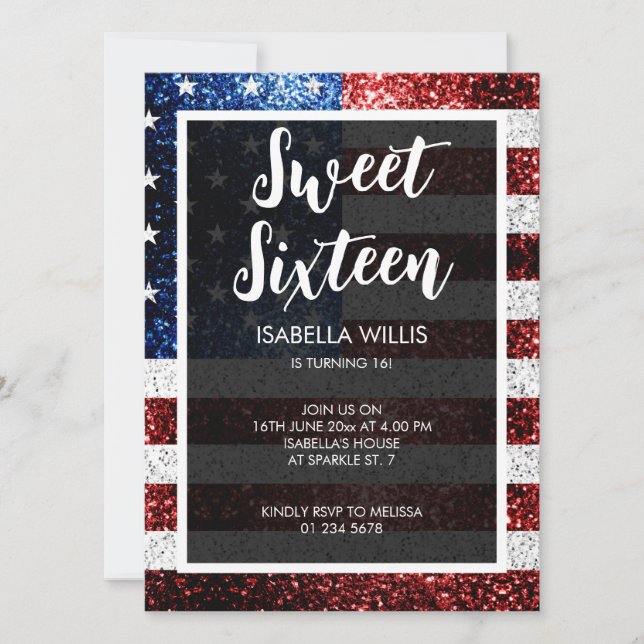USA flag red blue white sparkles Sweet 16 elegant Invitation (Front)