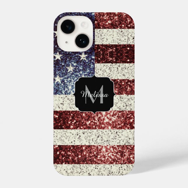 USA flag red gold blue rustic sparkles Monogram iPhone Case (Back)