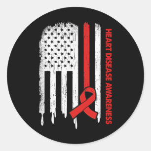 Usa Flag Red Ribbon Heart Disease Awareness Classic Round Sticker
