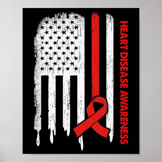 Usa Flag Red Ribbon Heart Disease Awareness  Poster (Front)