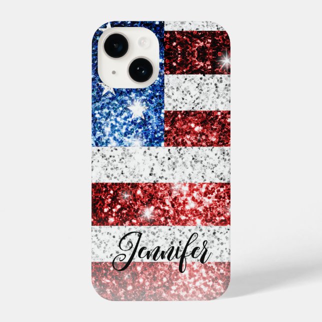 USA flag red white blue faux sparkles Your name iPhone Case (Back)
