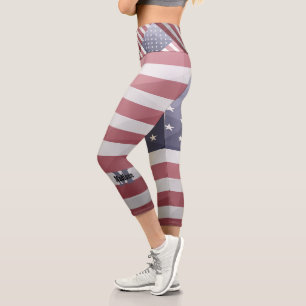 USA flag Red White Blue Geometric Mesh Monogram Capri Leggings