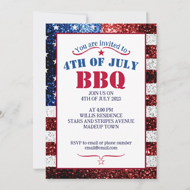 USA flag red white blue sparkles 4th July BBQ Invitation (Front)